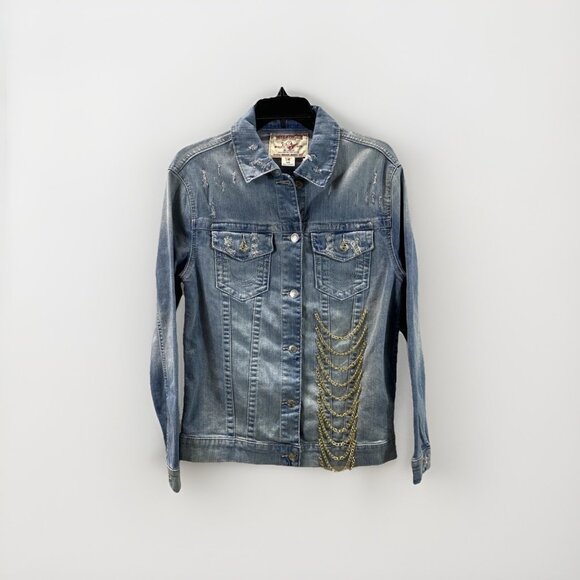 True Religion Blue Denim Distressed Chain Statement Jacket Sz S Biker - Picture 2 of 9